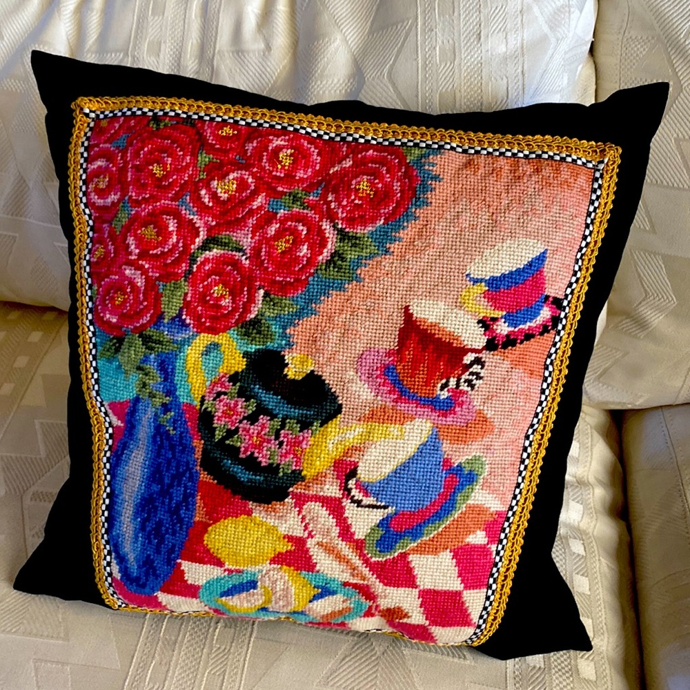 Beautiful tapestry accent pillow with gold trim, black velvet
